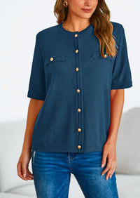 Button Down Casual Short Sleeve Crew Neck Ribbed Knit Shirts