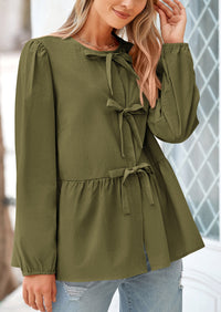 Babydoll Peplum Puff Long Sleeve Bow Tie Front Y2K Blouses