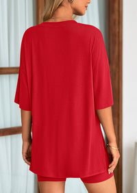 Casual Short Sleeved Round Neck Top Paired With Shorts Two-Piece Set