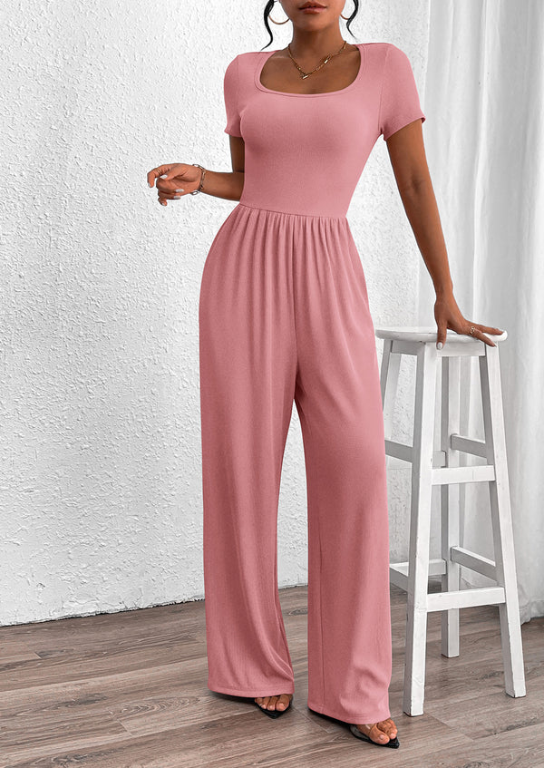 Casual Short Sleeve Square Neck Wide Leg Jumpsuits