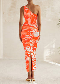 One Shoulder Bodycon Printed Ruched Mesh Party Cocktail Fitted Long Dress