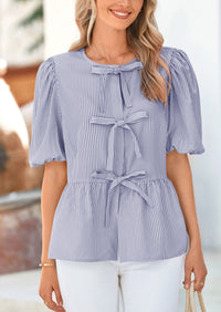 Striped Round Neck Front, Lace Up Bubble Sleeves Tops