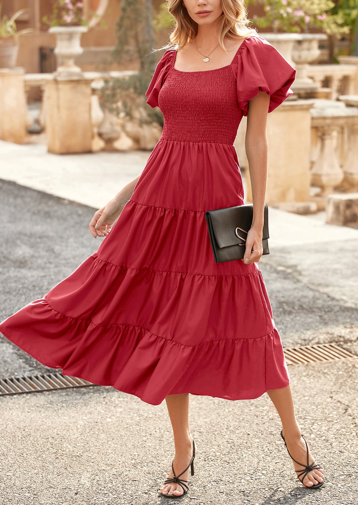 Casual Short Sleeved Square Neck Layered Pleated Dress