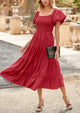 Casual Short Sleeved Square Neck Layered Pleated Dress