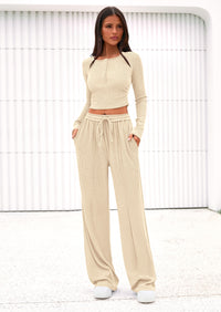 PRETTYGARDEN Women's Fall Trendy 2 Piece Outfits Lounge Sets Long Sleeve Top Henley Shirts Wide Leg Pants Travel Clothes