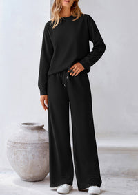 Casual Long Sleeve Pullover Tops and Wide Leg Pants Knitted Two Piece Sets