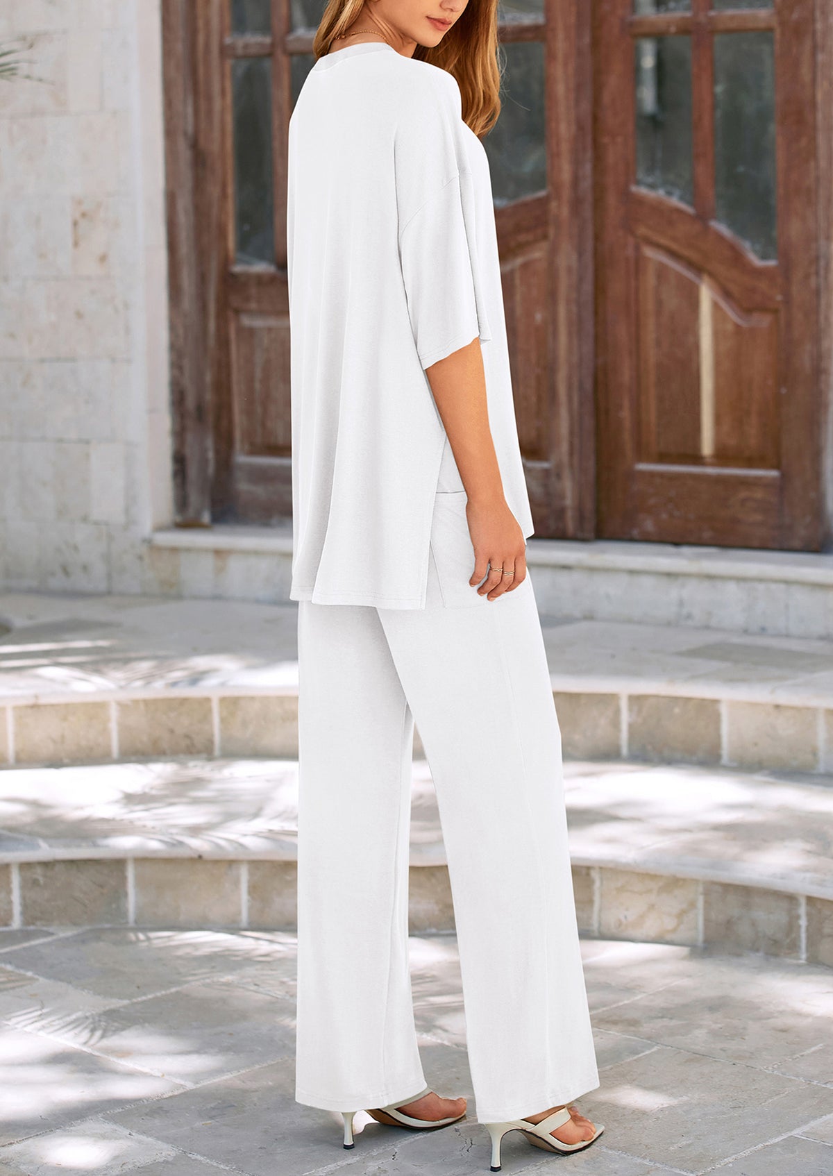 Short Sleeve Pullover Tops And Wide Leg Pants Two Piece Sets