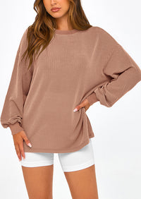 Long Sleeve Casual Loose Crew Neck Ribbed Blouse
