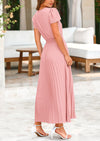 PRETTYGARDEN Women's Short Sleeve Button V Neck Casual Pleated Maxi Dresses