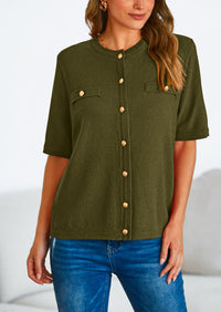Button Down Casual Short Sleeve Crew Neck Ribbed Knit Shirts