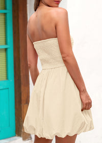 Tube Top Casual Smocked A Line Sundress Trendy Strapless Bubble Short Mini Dresses