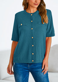 Button Down Casual Short Sleeve Crew Neck Ribbed Knit Shirts