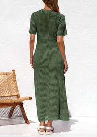 Eyelet Beach Vacation Resort Short Sleeve Hollow Out Dress Cover Up Maxi Dresses