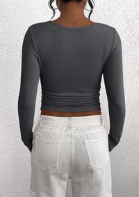 Long Sleeved V-Neck Button Slim Knit Solid Color Casual Shirt