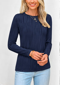 Plain Long Sleeve Crew Neck Textured Casual T-shirts