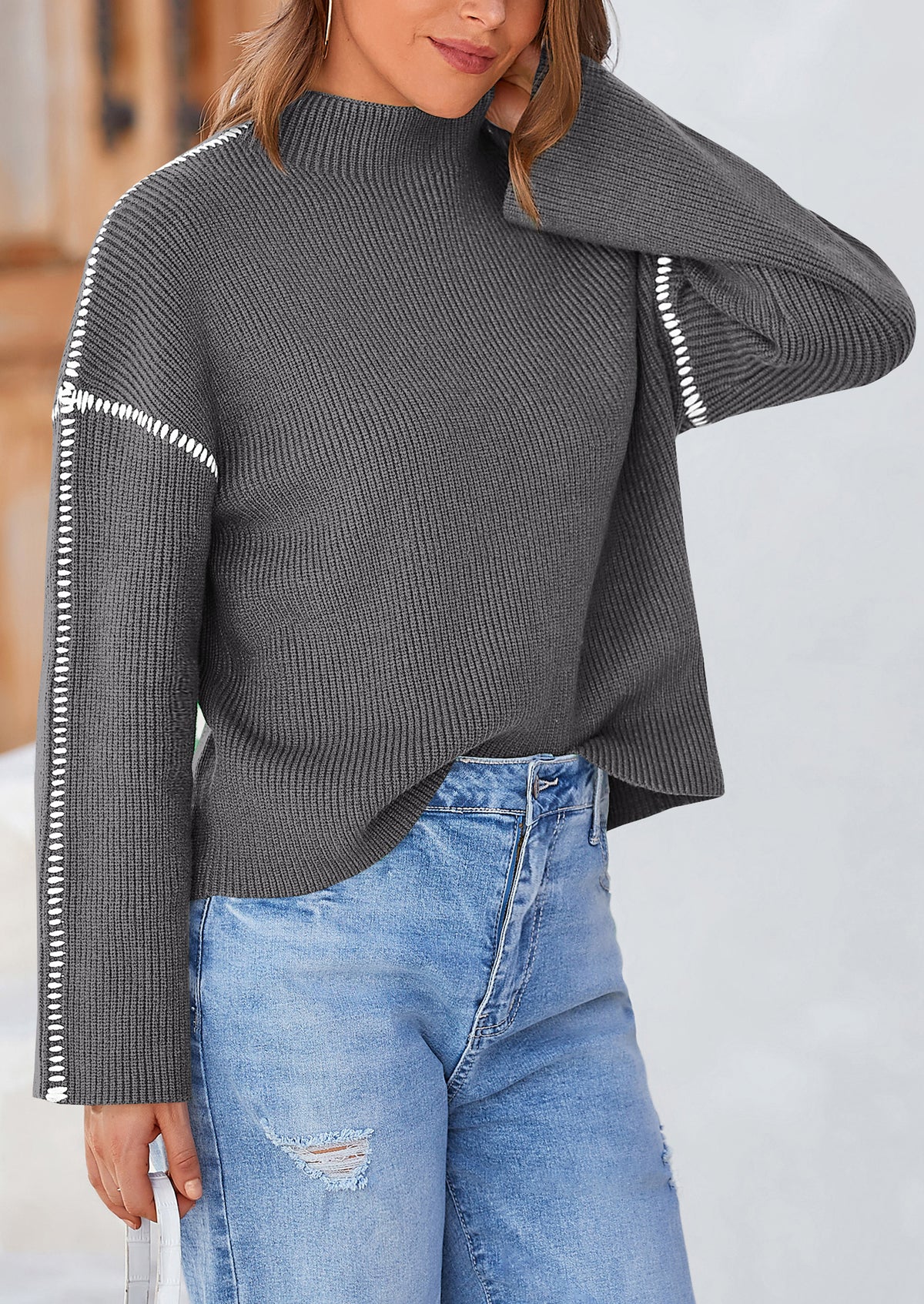 Chunky Knit  Casual Long Sleeve Mock Neck Oversized Loose Sweaters