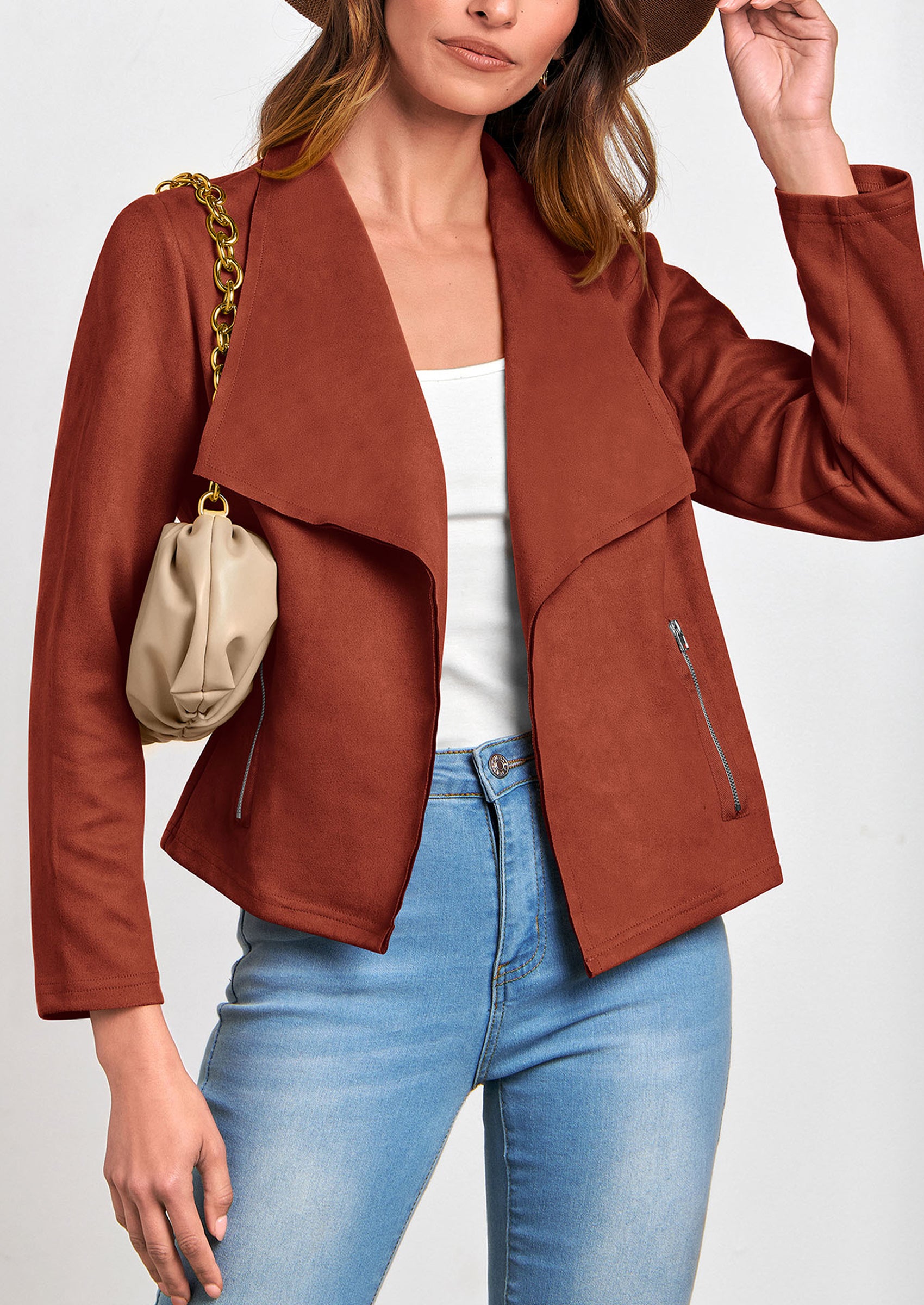 PRETTYGARDEN Women's Faux Suede Jackets Fashion Fall Clothes Long Sleeve Open Front Cropped Coat Outwear