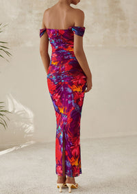 Ruched Bodycon Off Shoulder Floral Mesh Cocktail Party Fitted Maxi Dress