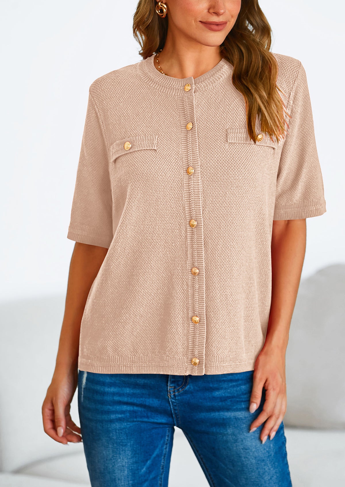Button Down Casual Short Sleeve Crew Neck Ribbed Knit Shirts