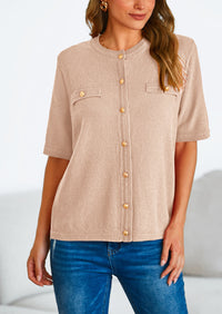Button Down Casual Short Sleeve Crew Neck Ribbed Knit Shirts