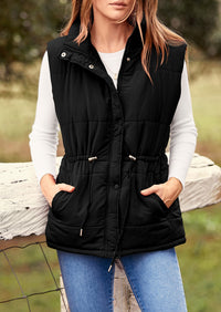 Casual Button Zipper Vest, Drawstring Sleeveless Jacket