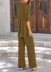 Short Sleeve Pullover Tops And Wide Leg Pants Two Piece Sets
