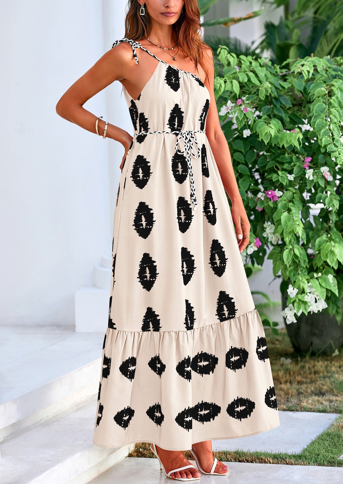 One Shoulder Spaghetti Strap Printed A Line Flowy Boho Maxi Long Sundress
