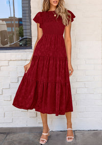 Floral  Summer Cap Sleeve Smocked Ruffle A Line Long Flowy Wedding Guest Midi Dresses