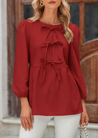 Babydoll Trendy 3/4 Length Puff Sleeve Bow Tie Front Cute Peplum Blouses