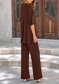Short Sleeve Pullover Tops And Wide Leg Pants Two Piece Sets