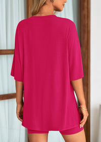 Casual Short Sleeved Round Neck Top Paired With Shorts Two-Piece Set