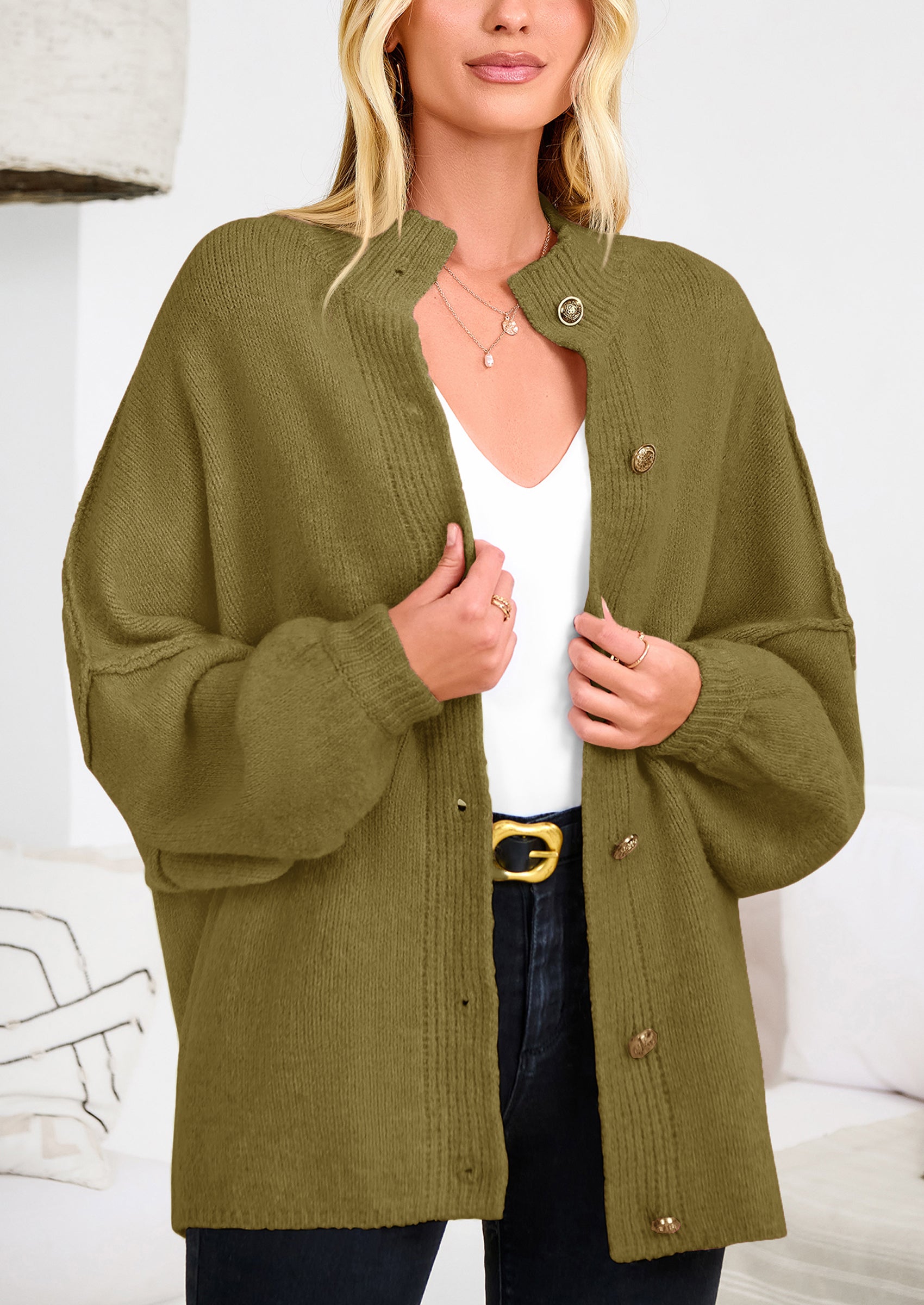 PRETTYGARDEN Women's Winter Button Down Cardigan Sweaters Mock Neck Lantern Long Sleeve Chunky Knit Jacket Trendy Outerwear