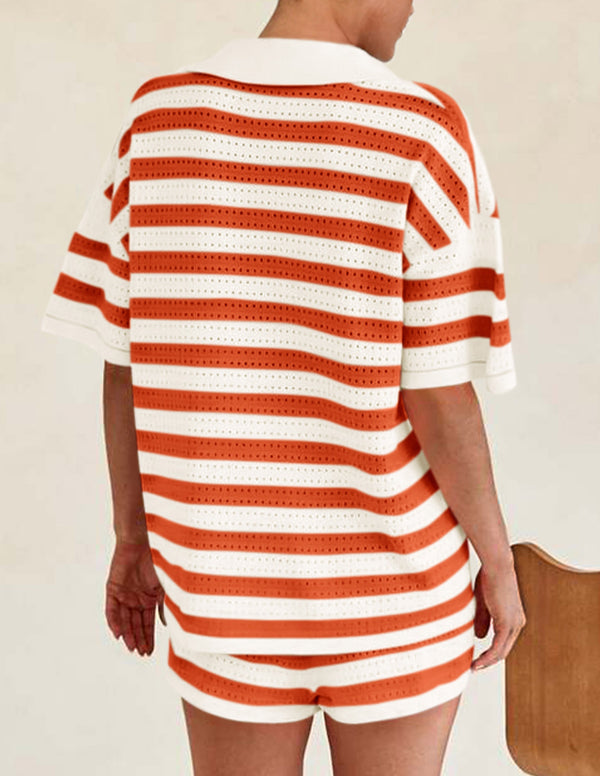 Casual Short Sleeve Striped Beach Vacation 2 Piece Shorts Sets