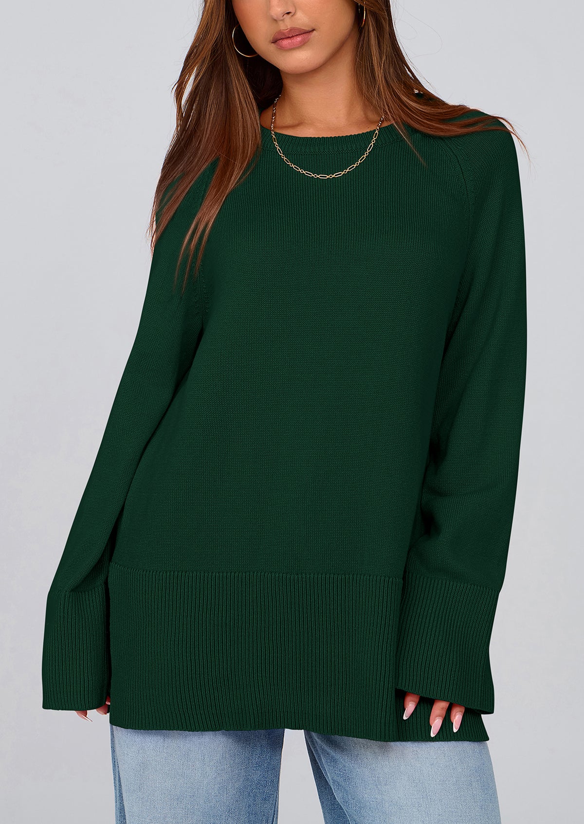 Knit Long Sleeve Crew Neck Split Hem Loose Oversized Tunic Sweaters