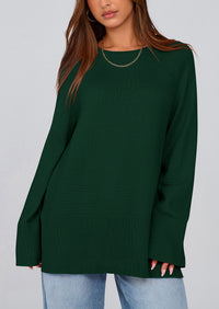 Knit Long Sleeve Crew Neck Split Hem Loose Oversized Tunic Sweaters