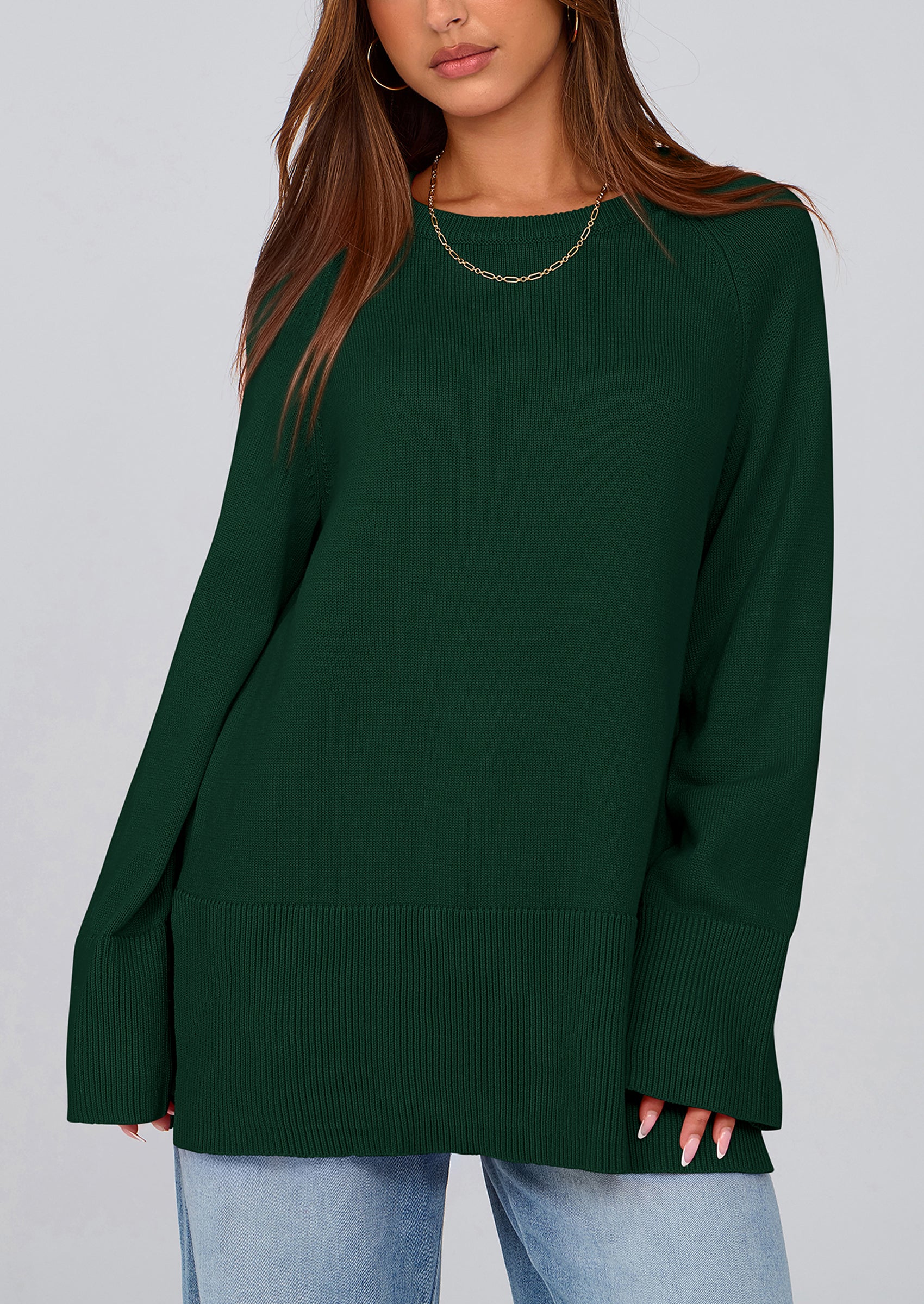 PRETTYGARDEN Women's Knit Fall Sweaters Long Sleeve Pullover Crewneck Split Hem Oversized Tunic Sweater Tops Winter Clothing