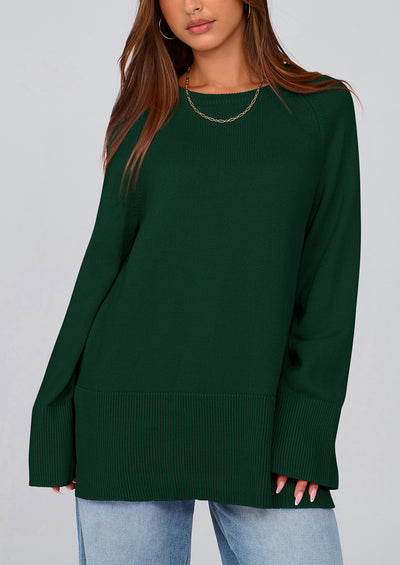 PRETTYGARDEN Women's Knit Fall Sweaters Long Sleeve Pullover Crewneck Split Hem Oversized Tunic Sweater Tops Winter Clothing
