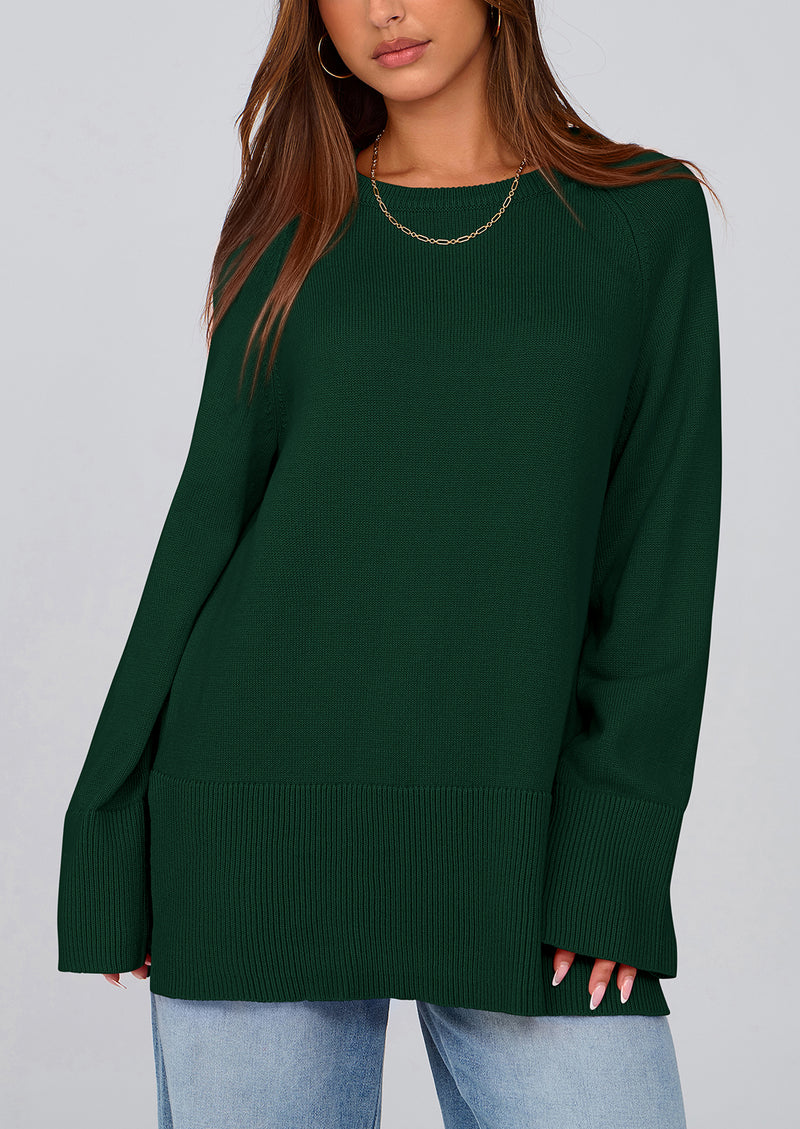 PRETTYGARDEN Women's Knit Fall Sweaters Long Sleeve Pullover Crewneck Split Hem Oversized Tunic Sweater Tops Winter Clothing