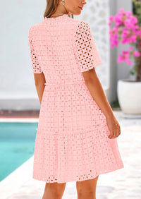 Short Sleeve V Neck Hollow Out Eyelet Ruffle A Line Swing Mini Dress