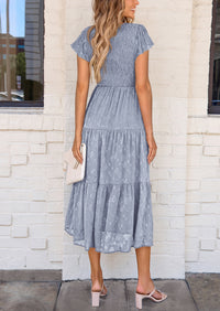 Floral  Summer Cap Sleeve Smocked Ruffle A Line Long Flowy Wedding Guest Midi Dresses