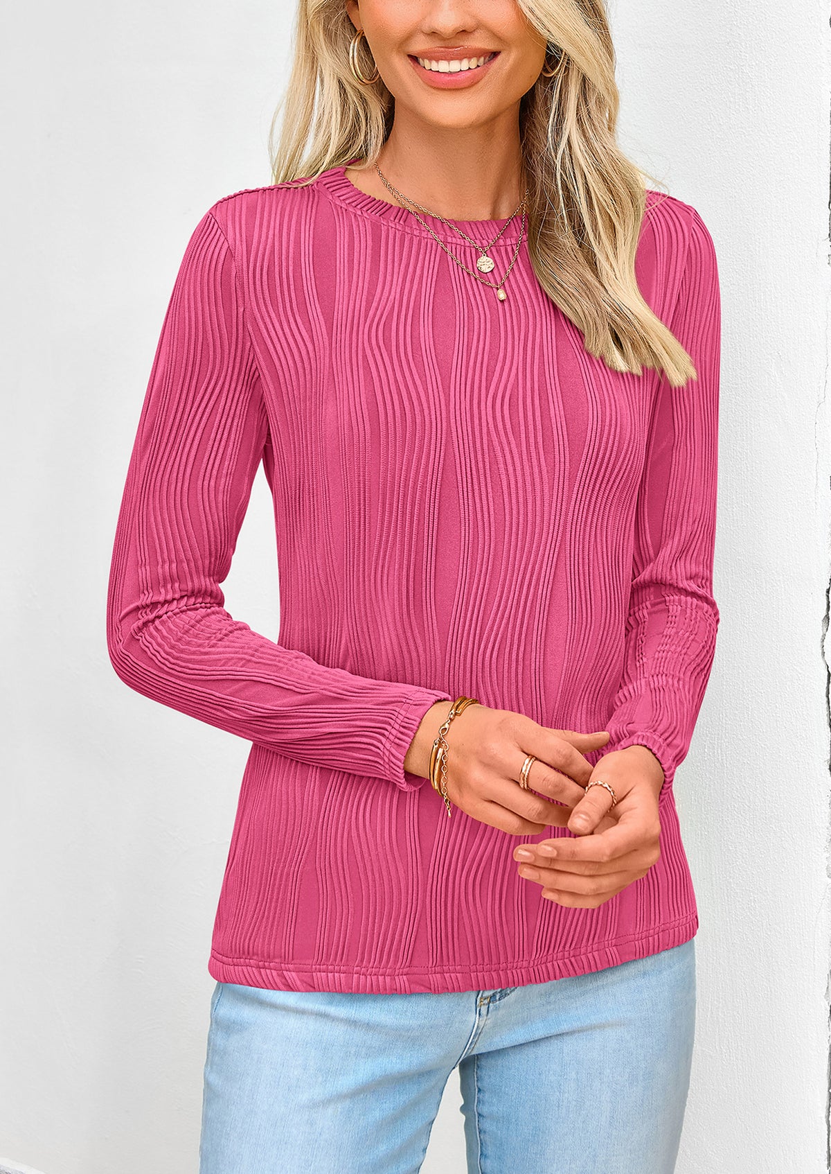 Plain Long Sleeve Crew Neck Textured Casual T-shirts