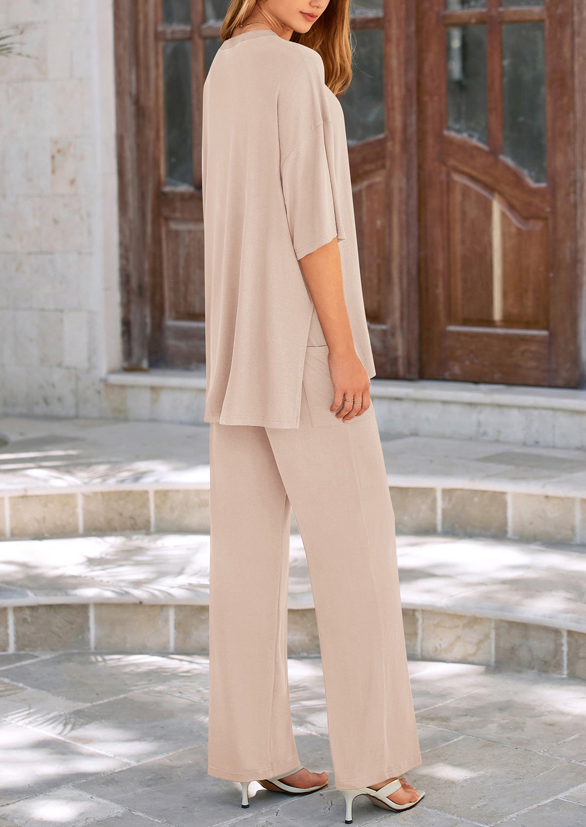 Short Sleeve Pullover Tops And Wide Leg Pants Two Piece Sets