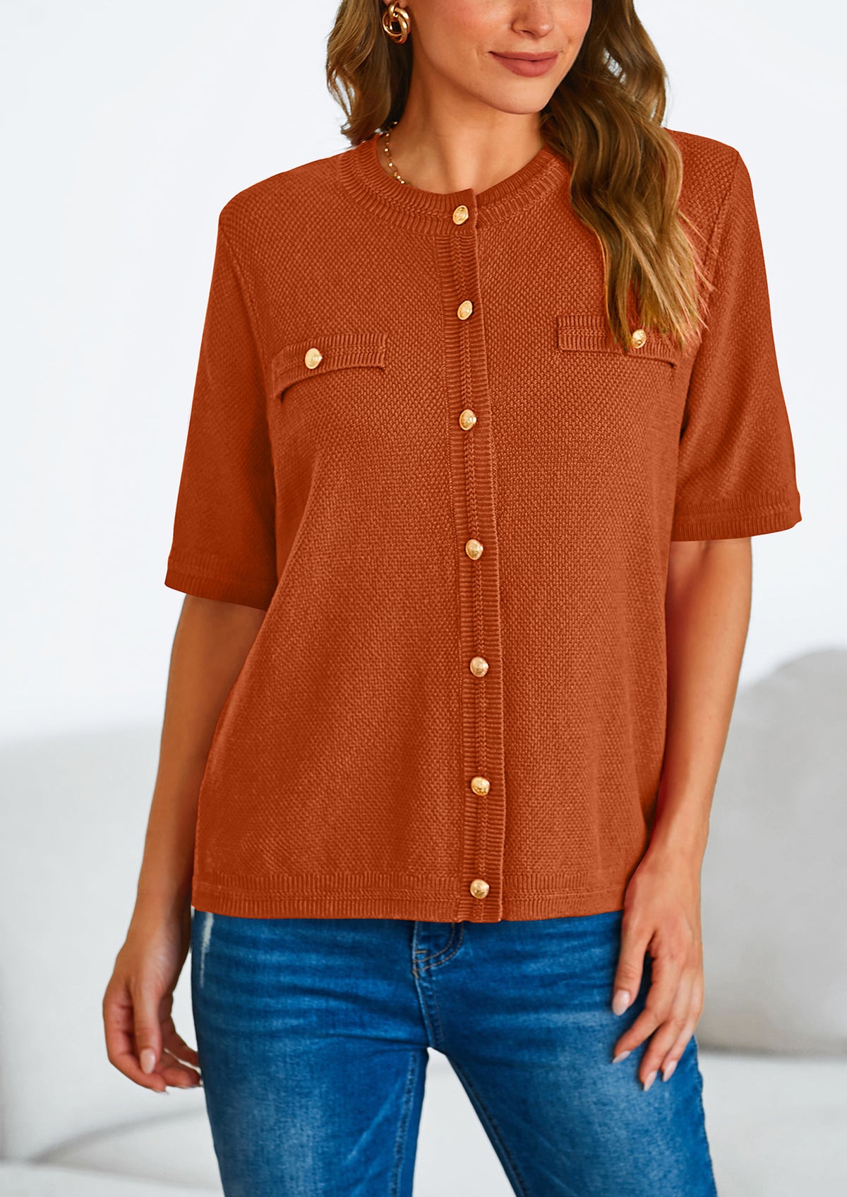 Button Down Casual Short Sleeve Crew Neck Ribbed Knit Shirts