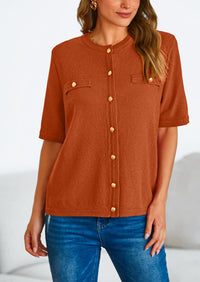 Button Down Casual Short Sleeve Crew Neck Ribbed Knit Shirts