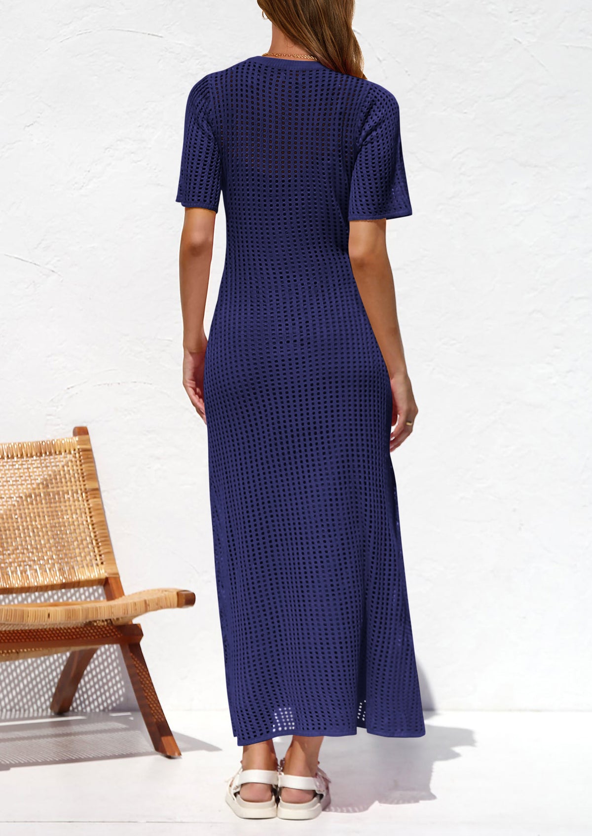 Eyelet Beach Vacation Resort Short Sleeve Hollow Out Dress Cover Up Maxi Dresses