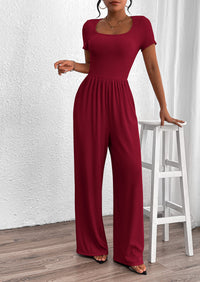 Casual Short Sleeve Square Neck Wide Leg Jumpsuits