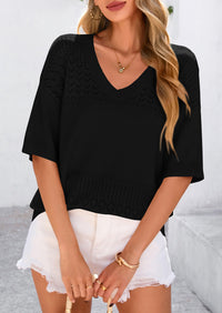 Short Sleeved Casual V-Neck Knitted Small Eye Shirt