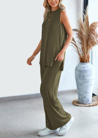 Casual Loose Tank Top Wide Leg Pants 2 Piece Lounge Set