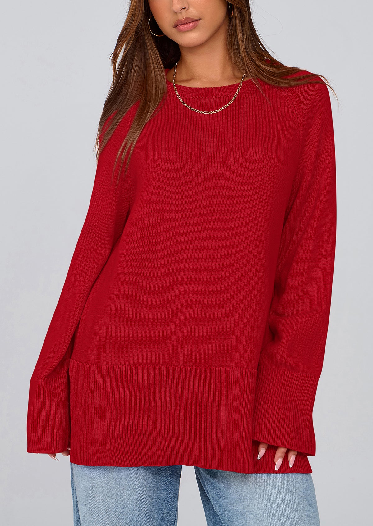 Knit Long Sleeve Crew Neck Split Hem Loose Oversized Tunic Sweaters