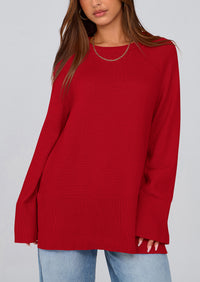 Knit Long Sleeve Crew Neck Split Hem Loose Oversized Tunic Sweaters
